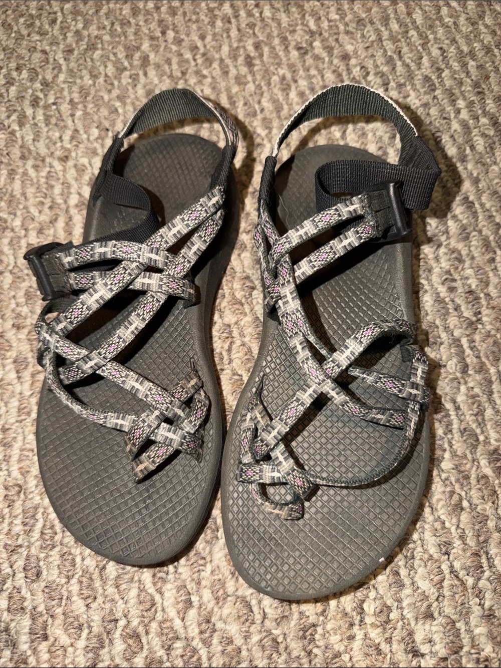 Chaco Women's Strappy Sandal - Gray Footbed with Patterned Webbing